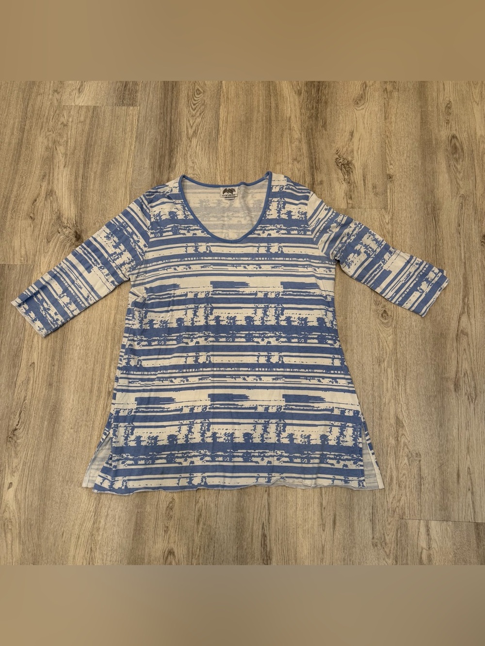 Wild Palms Blue White Pima Cotton Tunic Top 3/4 Sleeve Large